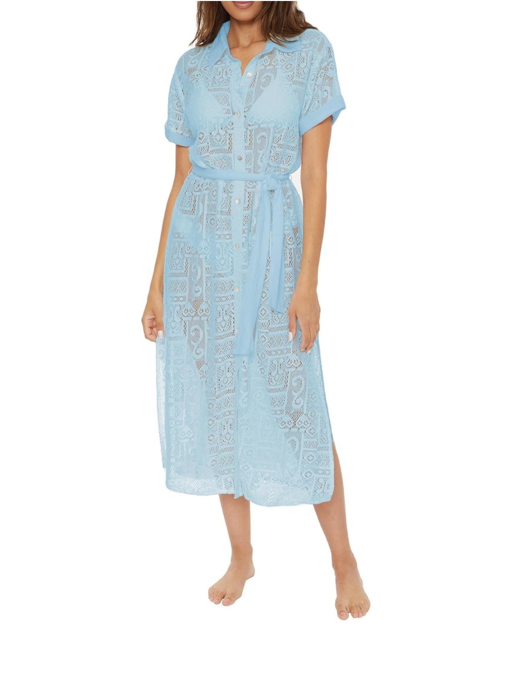 BECCA Women's Gauzy Dress Collared Button-up Swim Beach Cover Up Ice Blue Size L